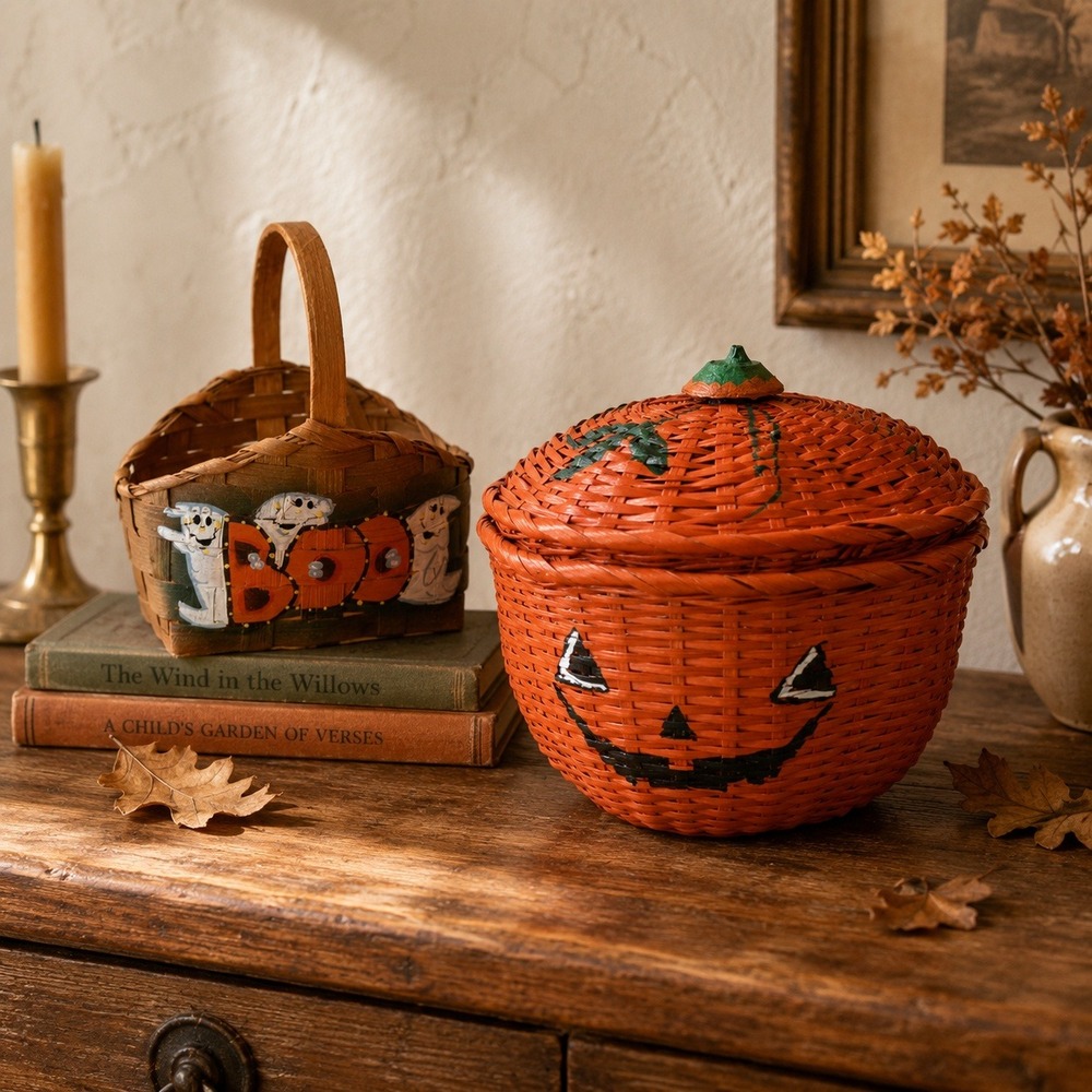 Vintage Halloween Wicker Basket Set Jack O Lantern Pumpkin Ghost Candy Baskets